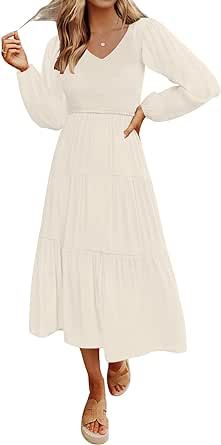 MEROKEETY Women's 2023 Casual Long Sleeve Smocked Dress V Neck High Waist Ruffle Tiered Midi Dresses
