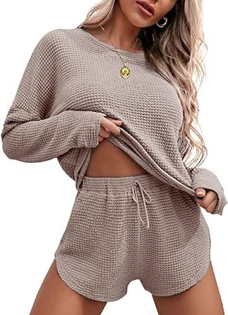 Ekouaer Womens Waffle Knit Pajama Sets Long Sleeve Top and Shorts Matching Lounge Set Loungewear Sweatsuit with Pockets