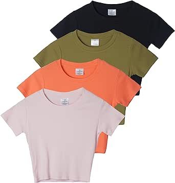 Real Essentials 4-Pack: Women's Short Sleeve Ribbed Knit Cotton Crew Neck Crop Top T-Shirt - (Available in Plus)